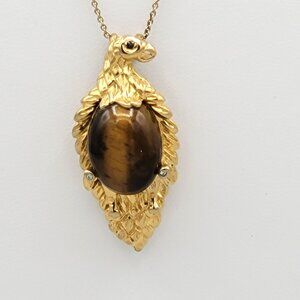 Karis Tiger Eye Eagle Bird Pendant Necklace Gold Tone Vintage Signed 18 in Chain